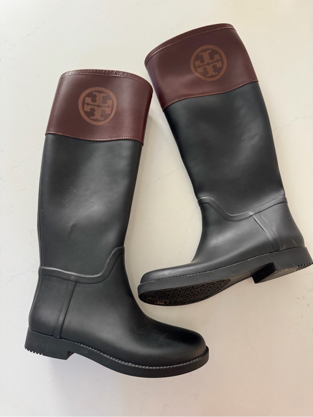 Tory Burch Black Rain Boots with Brown Logo Cuff
